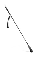 Detailed shot of a riding crop with a wrist loop strap, a rubberized handle and a black leather tip. The accessory for erotic games is isolated on the white background.