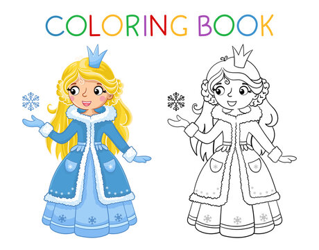 Coloring book for children. Cute girl in a cartoon style in snow forest background. Vector illustration with a princess in a beautiful dress.