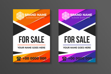 House or home for sale sign on vector website headers, business success concept. Modern abstract flyer, banner. vertical layout with multicolored yellow and purple combined with triangle black