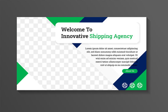 welcome to innovative shipping agency horizontal banner design. Template vector header with diagonal elements for photo and text. Material design of the banner for the web or landing page.