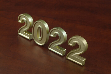 Golden numbers 2022 on wooden background. Symbol of 2022 year.	
