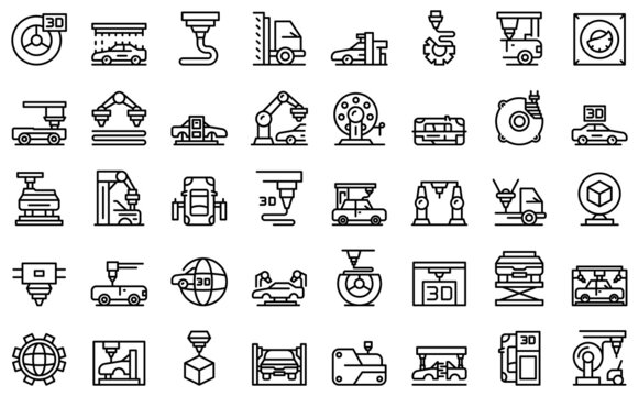 3D cars printing icons set outline vector. Computer printer. Car auto factory