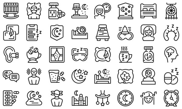 Insomnia icons set outline vector. Coffee man. Stress causes