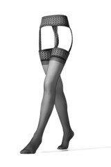 Detail shot of black stockings with a lace garter belt with a geometrical pattern. The stockings are shaped as walking woman's legs.The sexy lingerie is isolated on the white background.