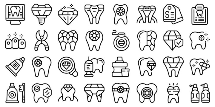Tooth gems icons set outline vector. Dental care. Medicine dent