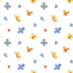 Watercolor seamless pattern with blue flowers, hearts and butterflies. Hand-drawn in children's style. Spring mood for your works. Ideal for backgrounds, wrapping paper, textiles, packaging and more.