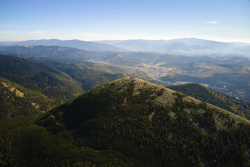 Aerial landscape view of high peaks with dark pine forest trees in wild mountains