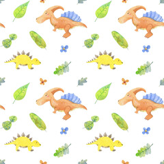 Naklejka premium Watercolor seamless pattern with leaves, yellow and orange dinosaur. Hand-drawn in children's style. The mood of childhood for your work. Ideal for backgrounds, wrapping paper, textiles, packaging 