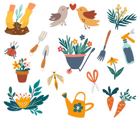 Gardening set. Hand draw garden work elements: tools, flower pot, watering can, flower cart, insects and birds. Gardener farm, flower store. Spring, summer time. Vector cartoon illustration. © PawLoveArt