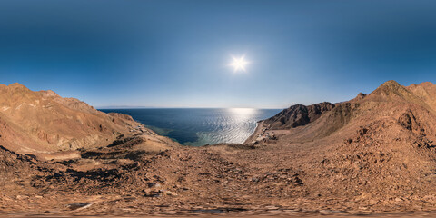 360 hdr panorama view from the height of the mountains range  to the blue sea in seamless spherical equirectangular projection