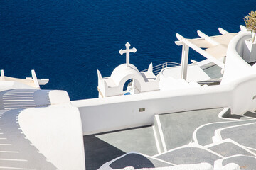 Domes, steeples, bells and white buildings of Santorini, Greece