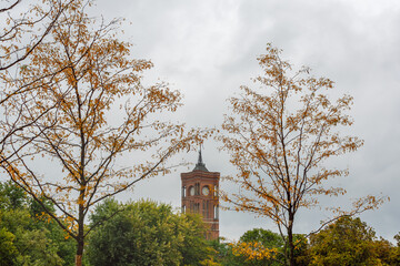 The Clock on the Tower of Rotes Rathaus (Red City Hall) of Berlin and trees with autumn leaves in the foreground, cloudy sky in the background.