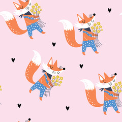 Seamless childish pattern with cartoon fox with flowers. Creative kids texture for fabric, wrapping, textile, wallpaper, apparel. Vector illustration