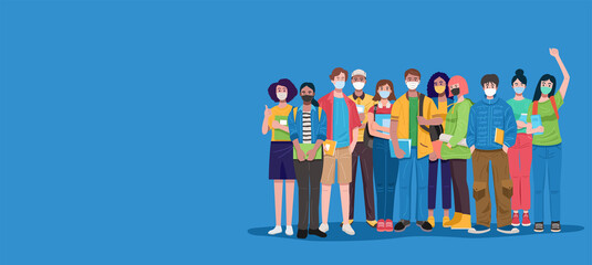 Group of multicultural students wearing face mask, dressed casual and holding books, vector illustration