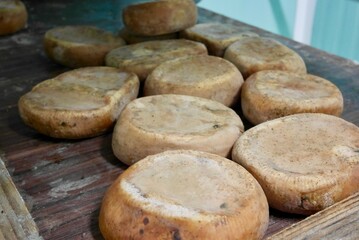 Close up of traditional Corsican sheep cheese loafs on wooden tray.