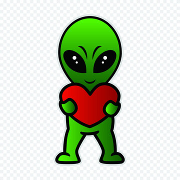 
little alien holding heart, cartoon illustration for stickers and t shirt.