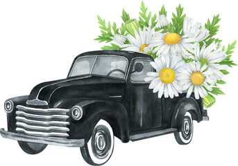 Watercolor black retro truck with daisy flowers.