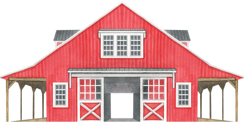 Watercolor red barn. Farmhouse illustration. Farm building
