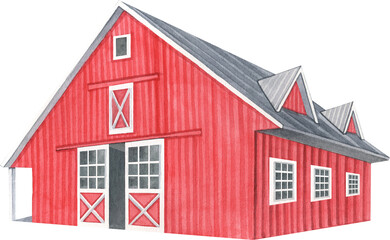 Watercolor red barn. Farmhouse illustration. Farm building