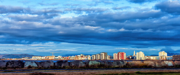 Panorama of Reykjavik with new construction and Hallgrimskirkja Cathedral, Iceland