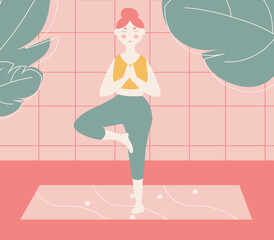 Fototapeta na wymiar Minimalist beautiful colorful illustration of a girl who does yoga, healthy lifestyle