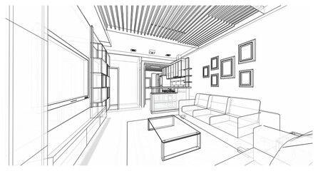 Interior design : living room 3d outline sketch