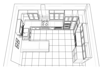 Interior design : kitchen plan 3d outline sketch