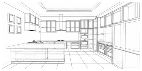 Fototapeta na wymiar Interior design : kitchen counter 3d outline sketch