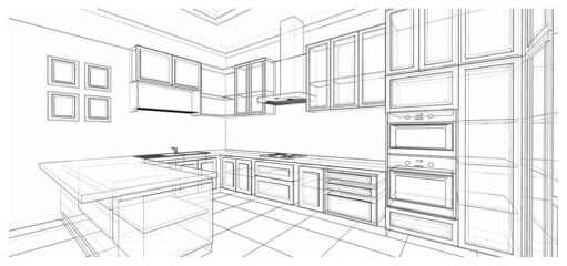 Interior design : kitchen pantry 3d outline sketch
