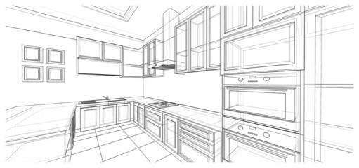 Interior design : kitchen 3d outline sketch