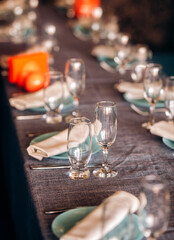 Beautiful table setting for wedding celebration in restaurant