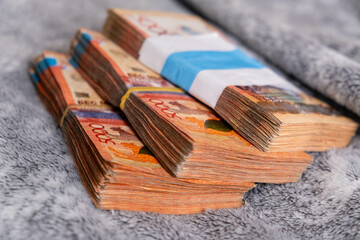 Fototapeta premium Money of Kazakhstan. Kazakhstani tenge bills. KZT banknotes. 5000 tenge. Business, finance, news background
