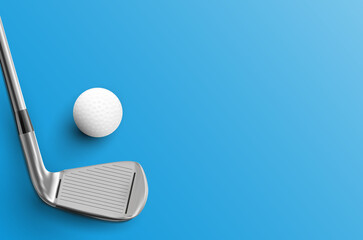 Golf club and ball with shadows on blue background