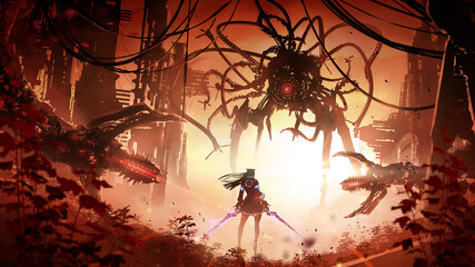 The confrontation of a beautiful cyber girl with electric furnaces against a huge robot with a bunch of iron tentacles with red lasers, at sunset in the middle of the ruins apocalyptic city. 2d art - 480328581