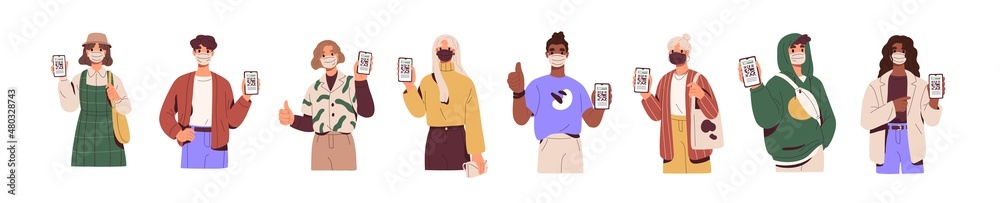Poster People with digital COVID vaccine certificate on mobile phone. Valid QR codes of PCR tests and vaccination passes on smartphone screens. Flat graphic vector illustrations isolated on white background