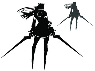 A black silhouette of a beautiful elegant cyborg girl with needle-thin legs and two strange scissors swords, she has long hair fluttering to the wind and a vest with glowing circle on her back. 2d art