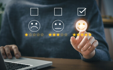 User give rating to service experience on online application for Customer review satisfaction feedback survey concept.