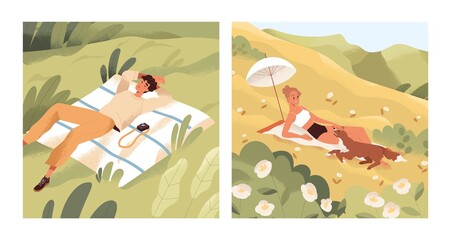 Person relaxing in nature on summer holidays. Peaceful rest of people lying on blanket on grass at leisure time. Single man and woman outdoors on summertime weekends. Flat vector illustration