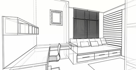 Interior design : wfh multi purpose bedroom working room 3d outline sketch