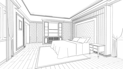 Interior design : classic style bedroom 3d outline sketch