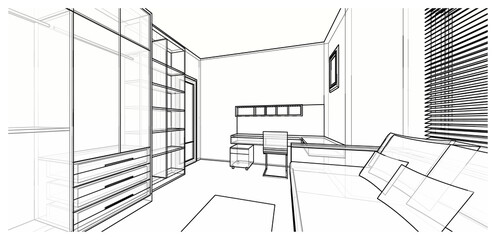 Interior design : wfh multi purpose bedroom working room 3d outline sketch