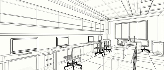 Interior design : office area 3d outline sketch