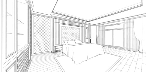 Interior design : classic bedroom 3d outline sketch