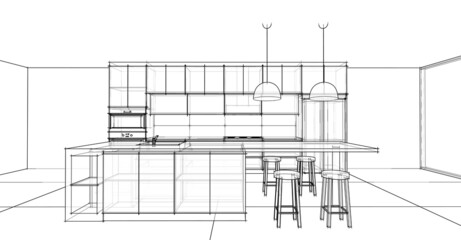 interior design sketch : modern kitchen front view 3d outline sketch