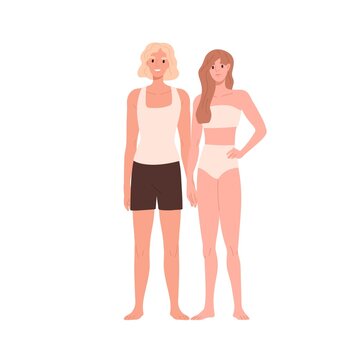 Couple in underwear portrait. Young slender slim man and woman with thin body type. Girlfriend and boyfriend stand in lingerie and trunks. Flat graphic vector illustration isolated on white background
