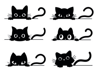 Set of black cats looking out the window. Collection of cartoon cats peeking out the window. Funny peeking pets. Vector illustration on white background. Tattoo. - obrazy, fototapety, plakaty