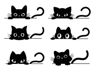 Foto op Plexiglas Set of black cats looking out the window. Collection of cartoon cats peeking out the window. Funny peeking pets. Vector illustration on white background. Tattoo. © panaceaart