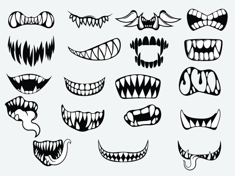 Set of scary smile masks. Collection of different types of smiling faces with teeth. Line art. Creepy mouth masks. Halloween masks. Vector illustration for children. Tattoos.