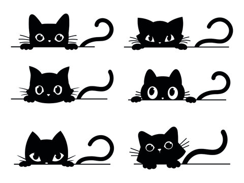 Set of black cats looking out the window. Collection of cartoon cats peeking out the window. Funny peeking pets. Vector illustration on white background. Tattoo.