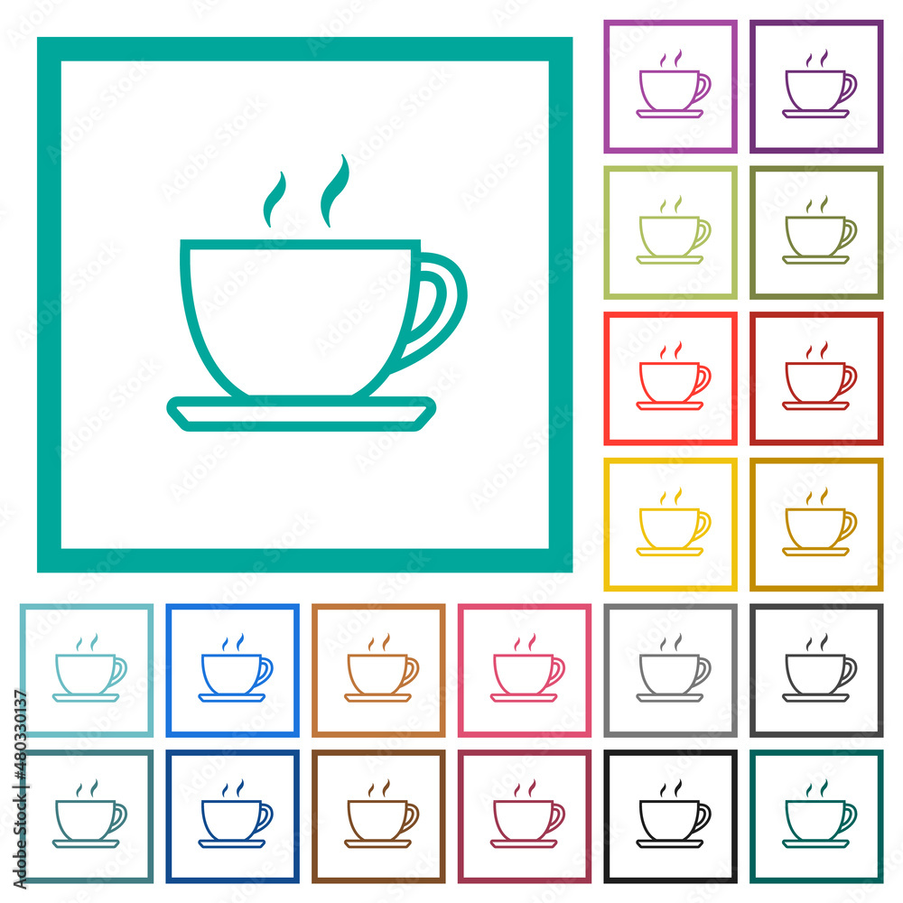 Poster cup of coffee outline flat color icons with quadrant frames